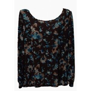 J Jill Women's Brown Blue Beige Floral Round Neck Lightweight Blouse, Lg